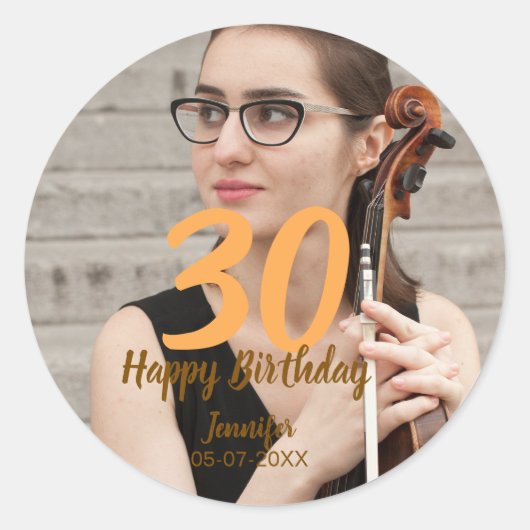 30th birthday add name date year white photo ラウンドシール (正面)