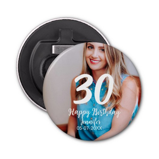 30th birthday add name date year white photo 栓抜き (正面)