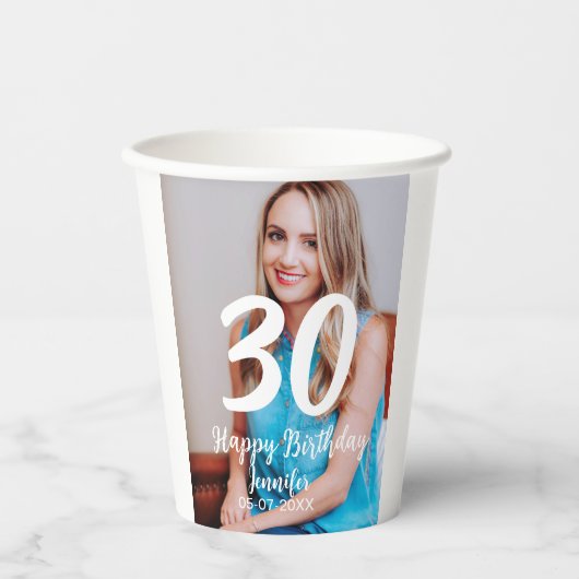 30th birthday add name date year white photo 紙コップ (正面)