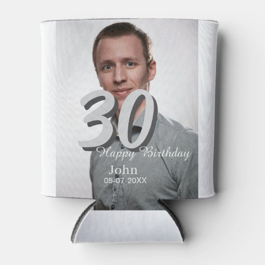 30th birthday add name date year white photo 缶クーラー (正面)