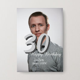 30th birthday add name date year white photo 缶バッジ