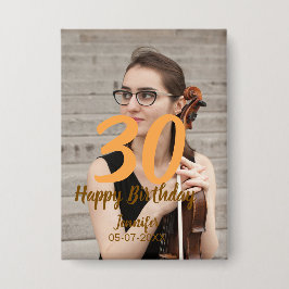 30th birthday add name date year white photo 缶バッジ