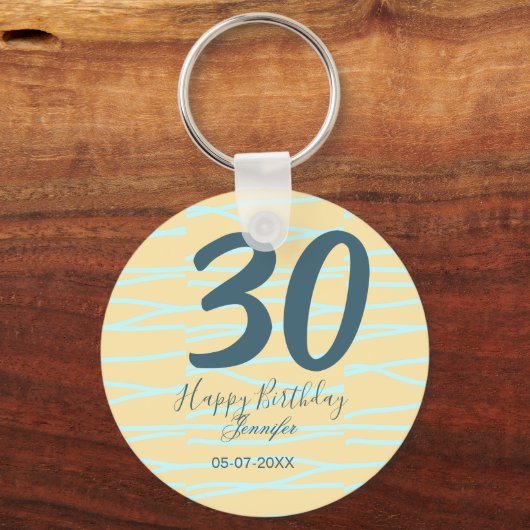 30th birthday add name date year yellow blue paste キーホルダー (正面)