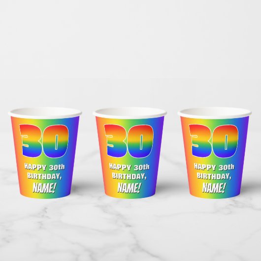 30th Birthday: Colorful, Fun Rainbow Pattern # 30 紙コップ (複数)
