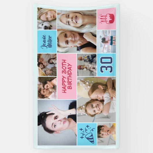 30th Birthday Custom Photo Collage Pink Blue 横断幕 (縦)