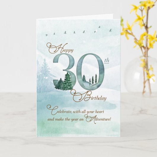 30th Birthday Evergreen Pines and Deer Nature カード (黄色い花)