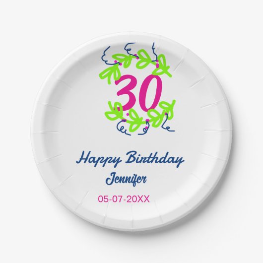 30th birthday green blueリース名date rustic b ペーパープレート (正面)