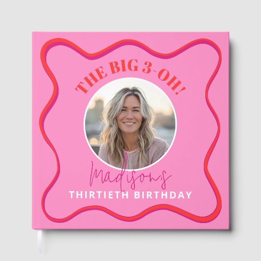 30th Birthday Guest Book カラフル Wavy Red Pink ゲストブック (正面)