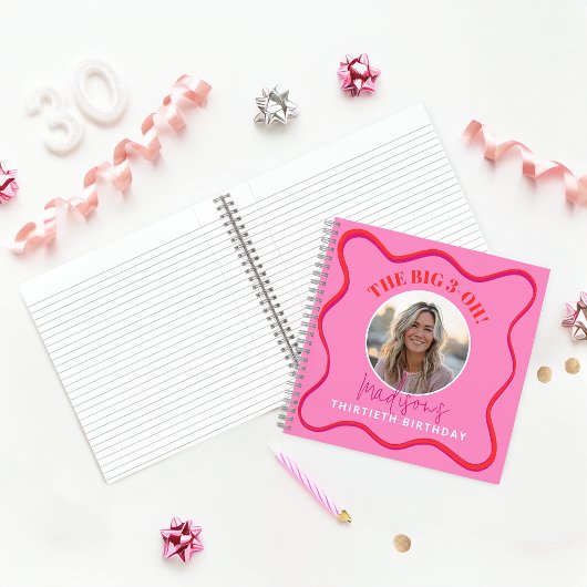 30th Birthday Guest Book カラフル Wavy Red Pink ノートブック