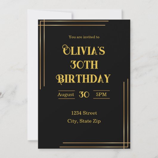 30th Birthday Invitation – Black & Gold | Elegant 招待状 (正面)