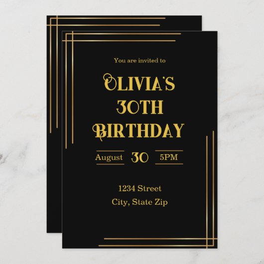 30th Birthday Invitation – Black & Gold | Elegant 招待状 (正面/裏面)