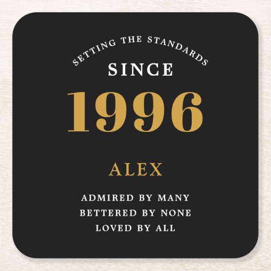 30th Birthday Name 1996 Year Black Gold Custom スクエアペーパーコースター (正面)