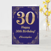 30th Birthday Navy Blueと金ゴールドグリッター枠 カード (黄色い花)