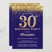 30th Birthday Navy Blueと金ゴールドグリッター紙吹雪 招待状 (正面/裏面)