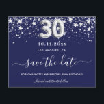30th birthday navy blue silverバジェット救日 チラシ<br><div class="desc">この日付を保存するフライヤー紙と非常に薄い。封筒は含まれない。より厚い保存の日付カード(同じデザイン)を私たちの店を訪問する。Aとガーリートレンディー30歳の誕生日パーティーの日付カードを保存。紺色の背景。銀飾フェイク星を持つ。文字：日付の保存は大きな書トレンディーの手入力スタイルスクリプトで行う。30番はバ書ロンスタイルフォント。</div>