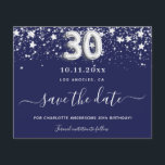 30th birthday navy blue silverバジェット救日 チラシ<br><div class="desc">この日付を保存するフライヤー紙と非常に薄い。封筒は含まれない。より厚い保存の日付カード(同じデザイン)を私たちの店を訪問する。Aとガーリートレンディー30歳の誕生日パーティーの日付カードを保存。紺色の背景。銀飾フェイク星を持つ。文字：日付の保存は大きな書トレンディーの手入力スタイルスクリプトで行う。30番はバ書ロンスタイルフォント。</div>