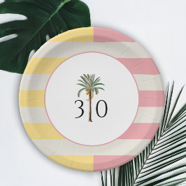 30th Birthday Palm Beach Tropical Pastel Stripe ペーパープレート