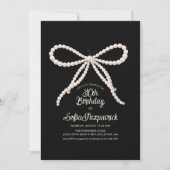 30th Birthday Party Black White Pearl Bow 招待状 (正面)