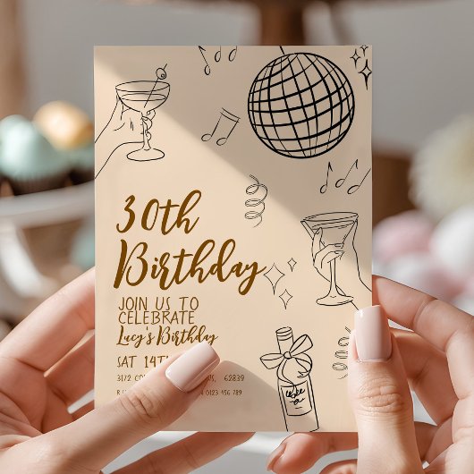 30th Birthday Party Disco Ball and Cocktails 招待状