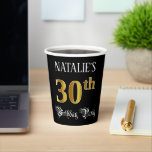 30th Birthday Party — Fancy Script, Faux Gold Look 紙コップ<br><div class="desc">This luxurious and fancy birthday paper cup design features a personalized name and the message “30th Birthday Party”. The large number “30th” has an imitation/faux gold-inspired coloring pattern, the words “Birthday Party” are in elegant script-style text, and the background is colored black by default (although it can be customized). Elegant,...</div>