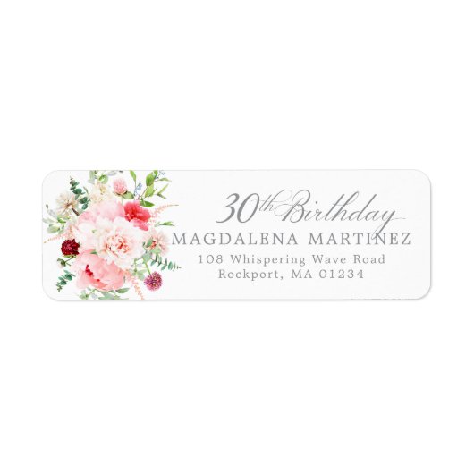30th Birthday Party Floral Return Address Label ラベル (正面)