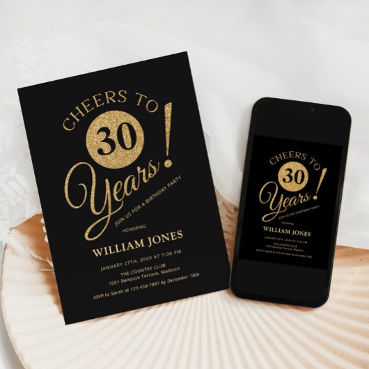 30th Birthday Party Gold Black 招待状