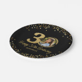 30th Birthday Photo Chic Black Gold Glitter Custom ペーパープレート (アングル)