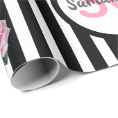 30th birthday pink roses白黒ストライプ名 ラッピングペーパー (ロールコーナー)