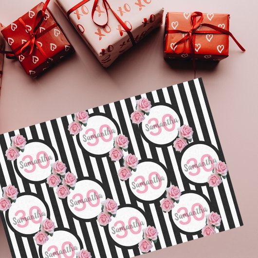 30th birthday pink roses白黒ストライプ名 薄葉紙