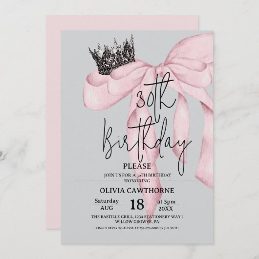 30th Birthday ⎮ Pink Royal Bow Birthday  招待状 (正面/裏面)