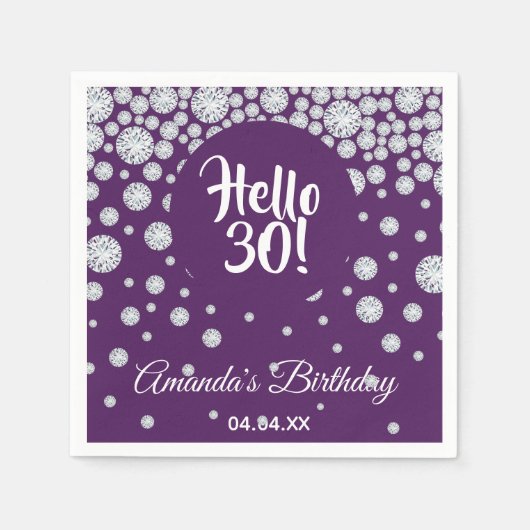 30th birthday purple diamonds名 スタンダードカクテルナプキン (正面)