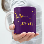 30th birthday purple gold hello 30 typography コーヒーマグカップ<br><div class="desc">Elegant and modern for a 30th birthday gift.  Girly and feminine dark purple backdrop and faux gold text written with a trendy hand-lettered style script: hello thirty. With golden dots as decor.</div>