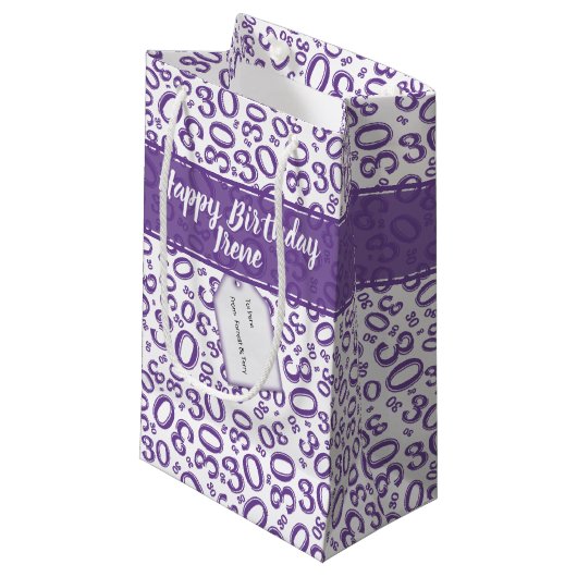 30th Birthday Random Number Pattern Purple/White スモールペーパーバッグ (正面アングル)
