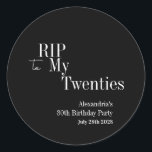 30th Birthday RIP 20s白黒パーティー ラウンドシール<br><div class="desc">これは30歳モダンの誕生日で、ハロウィーンの大人のパーティーデザイン。このシンプルRIP 20sデザインは、タイポグラフィと白黒のクラシックでスタイリッシュある。テンプレートは、単にあなたの名前を追加するために設定され、ハロウィーンの誕生日パーティー詳細。おもしろいとハロウィンクールをテーマにした30歳の誕生日パーティーに最適で、封筒用シールやパーティーの好意シールに最適。パーソナライズするには、単にパーソナライズこのボタンを使用して名前とパーティー日付を追加し、ここで年齢または残りの文字を変更することができもしる。色またはデザインを変更するには、フォント編集ツールをチェックアウトする。パーソナ救済ライゼーションや製品のマッチング、またはカスタム設計の場合は、zazzleチャットや電子メールで私にメールを送信す連絡る： ursuladawnmoon@gmail.com</div>