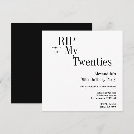 30th Birthday RIP 20s Black and White Minimal 招待状 (正面/裏面)