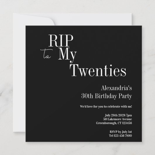 30th Birthday RIP 20s Black and White Party 招待状 (正面)