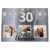 30th birthday silverグリッター写真名 ラージペーパーバッグ (正面)