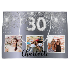 30th birthday silverグリッター写真名 ラージペーパーバッグ