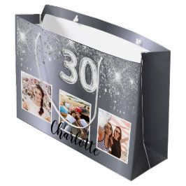 30th birthday silverグリッター写真名 ラージペーパーバッグ
