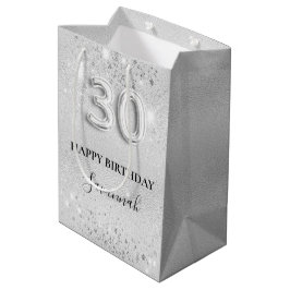 30th birthday silverグリッター名 ミディアムペーパーバッグ
