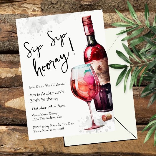 30th Birthday Sip Sip Hooray Wine Invitation 招待状