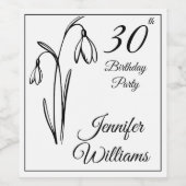 30th Birthday Snowdrop Floral Black And White ワインラベル (シングルラベル)