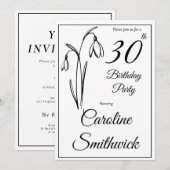 30th Birthday Snowdrop Floral Black And White 招待状 (正面/裏面)