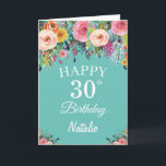 30th Birthday Water Colorフローラフラワーズティール（緑がかった色） カード<br><div class="desc">30歳の誕生日水彩フローラフラワーティール（緑がかった色）カパーソナライズされたード（名前と年齢）さらにカスタマイズするには、「クリック カスタマイズ   」ボタンをクリックし、デザインツールを使用してこのテンプレートを変更してください。</div>