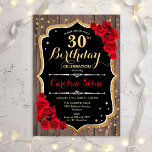 30th Birthday - Wood Red Roses 招待状<br><div class="desc">30歳の誕生日招待状。素朴デザインはバーンドウッドのパッテンとフェイクグリッター金ゴールド。赤いバラとスクリプスタイリッシュトフォント。エレガントな誕生日パーティーに最適。</div>