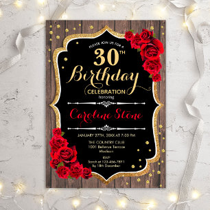30th Birthday - Wood Red Roses 招待状