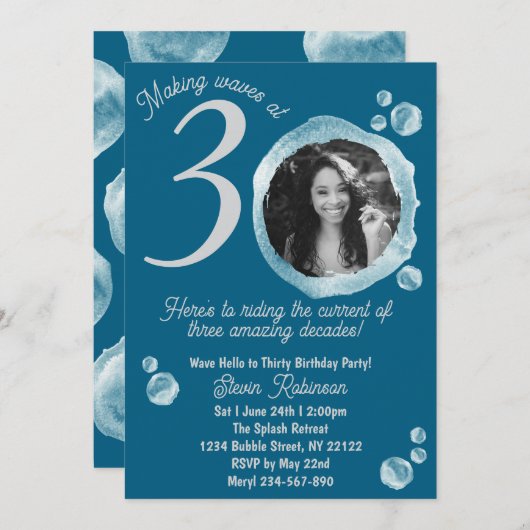 30th Dark Teal Bubbles Birthday Party Invitation 招待状 (正面/裏面)