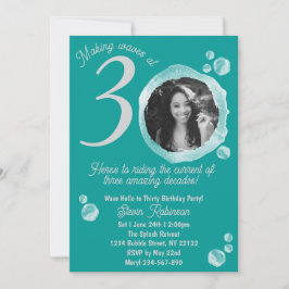 30th Ocean Teal Bubbles Birthday Party Photo 招待状