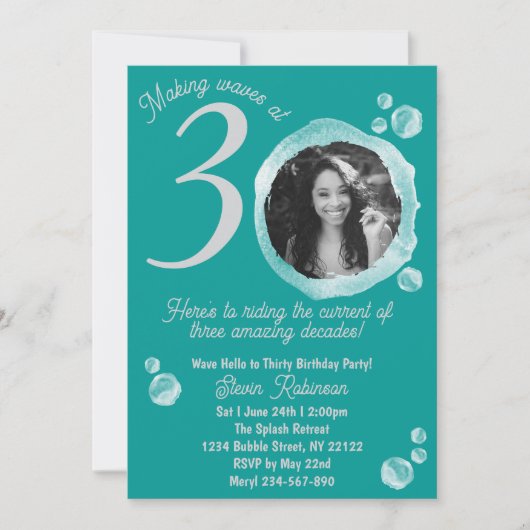 30th Ocean Teal Bubbles Birthday Party Photo 招待状 (正面)