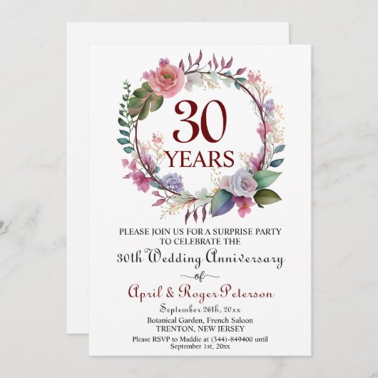 30th Pearl Surprise Wedding Anniversary Floral 招待状 (正面/裏面)